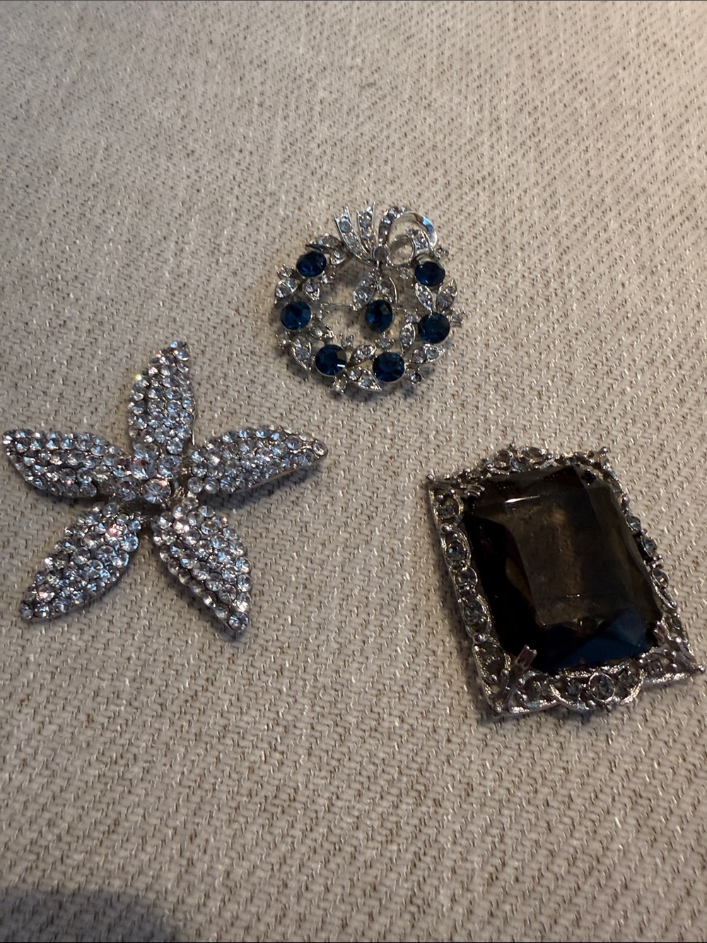 Rhinestone Brooch Trio - Silver & Blue Sparkle